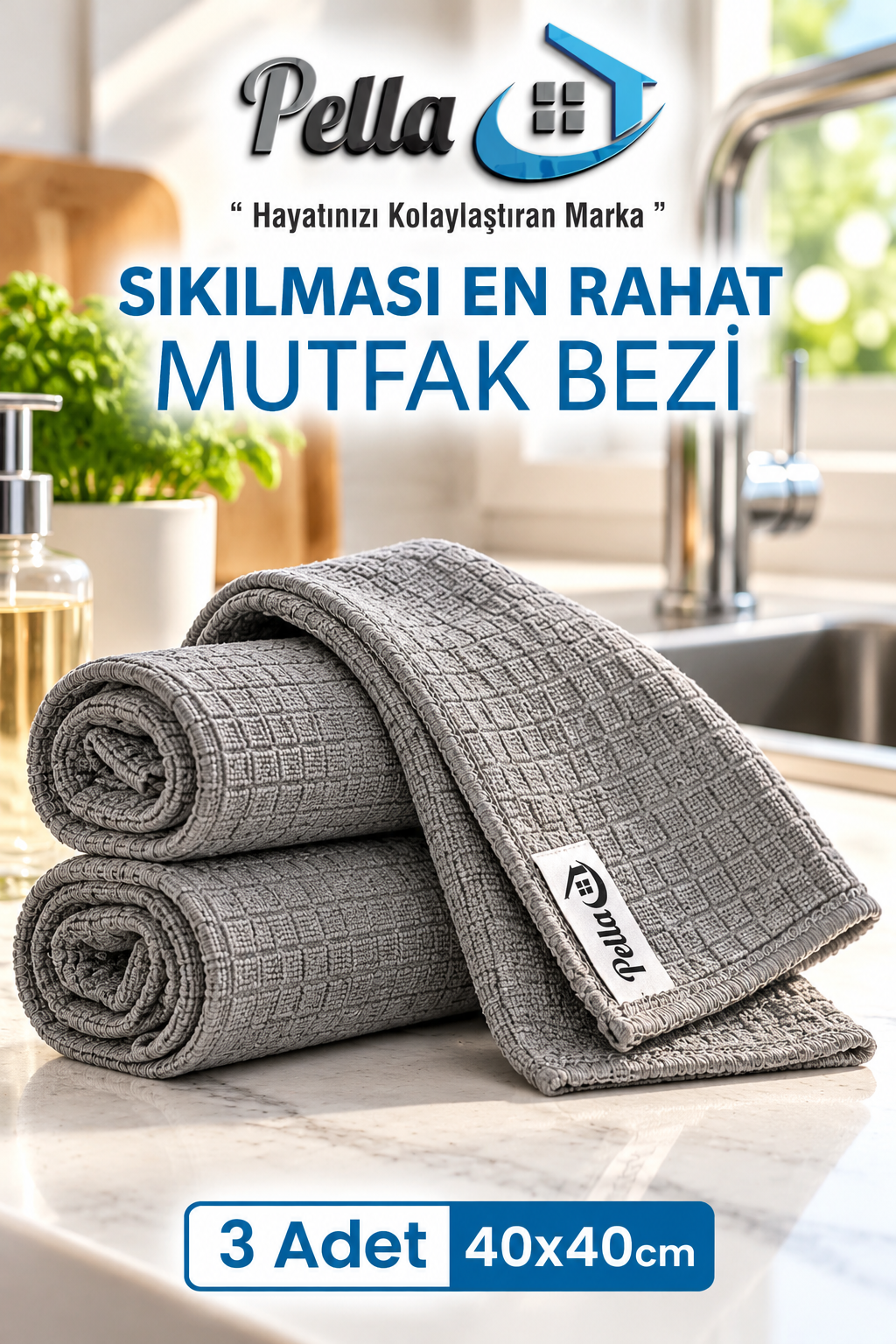 GRİ1 Premium 3’lü Gri Kareli Mutfak Bezi 40x40 cm – Tezgah Temizliği - Görsel 1