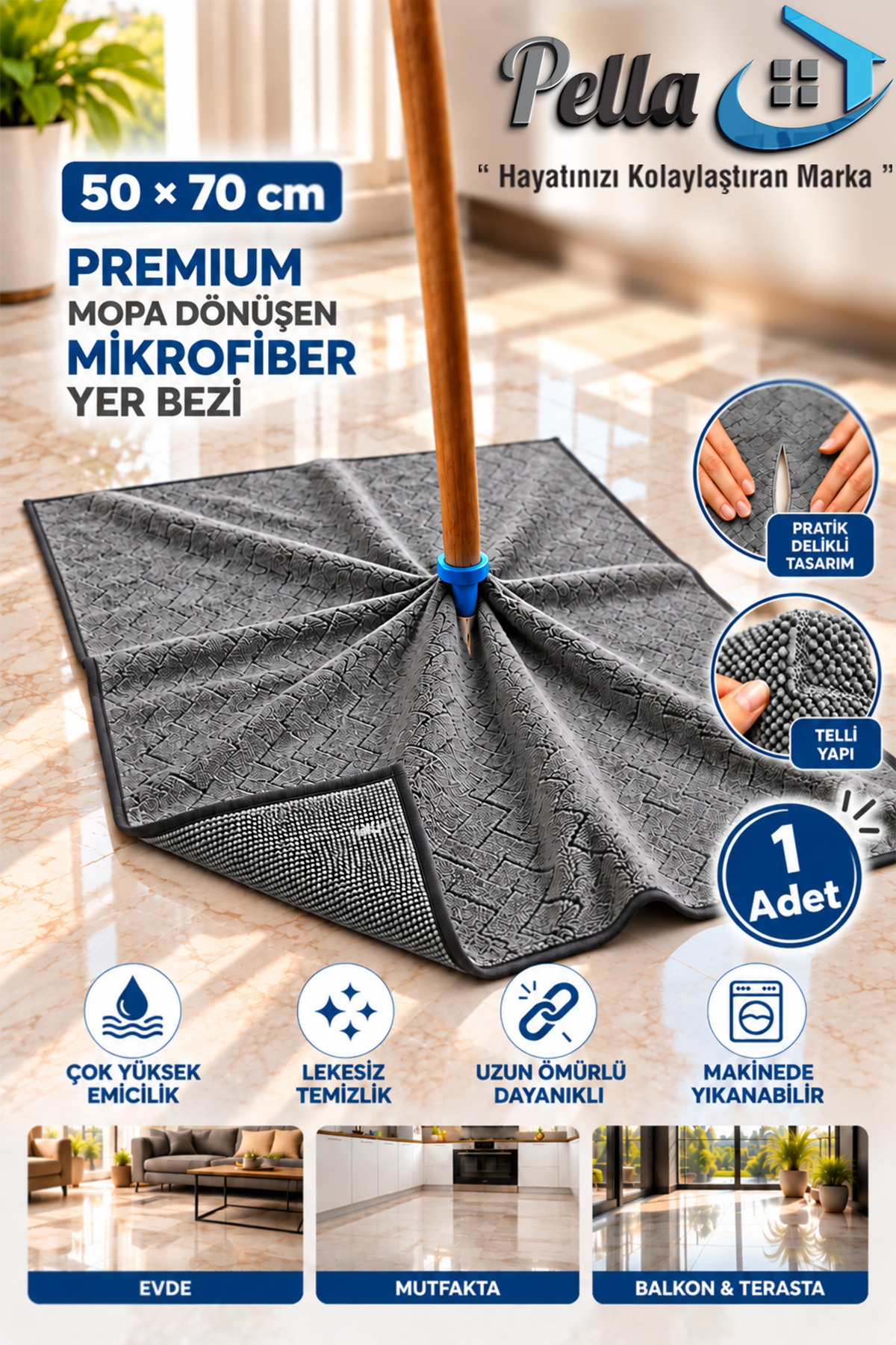 T-YB1 Premium Mopa Dönüşen Yer Bezi 50x70 cm – Mop Uyumlu (1 Adet) - Görsel 1