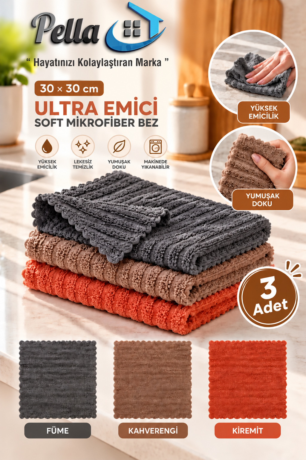 füme1 Premium 3’lü Ultra Su Emici Soft Temizlik Bezi 30x30 cm – Çok Amaçlı - Görsel 1